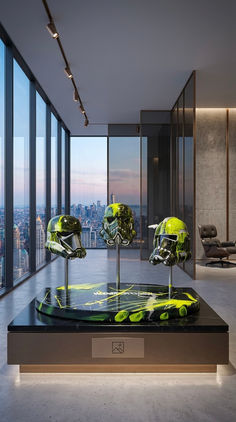 HYPNOTIQ sculpture in a modern penthouse hallway with floor-to-ceiling windows