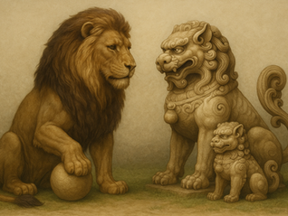 Male lion in western style with paw on ball faces right, with female lion in asian style with cub my her side, looking left. 
