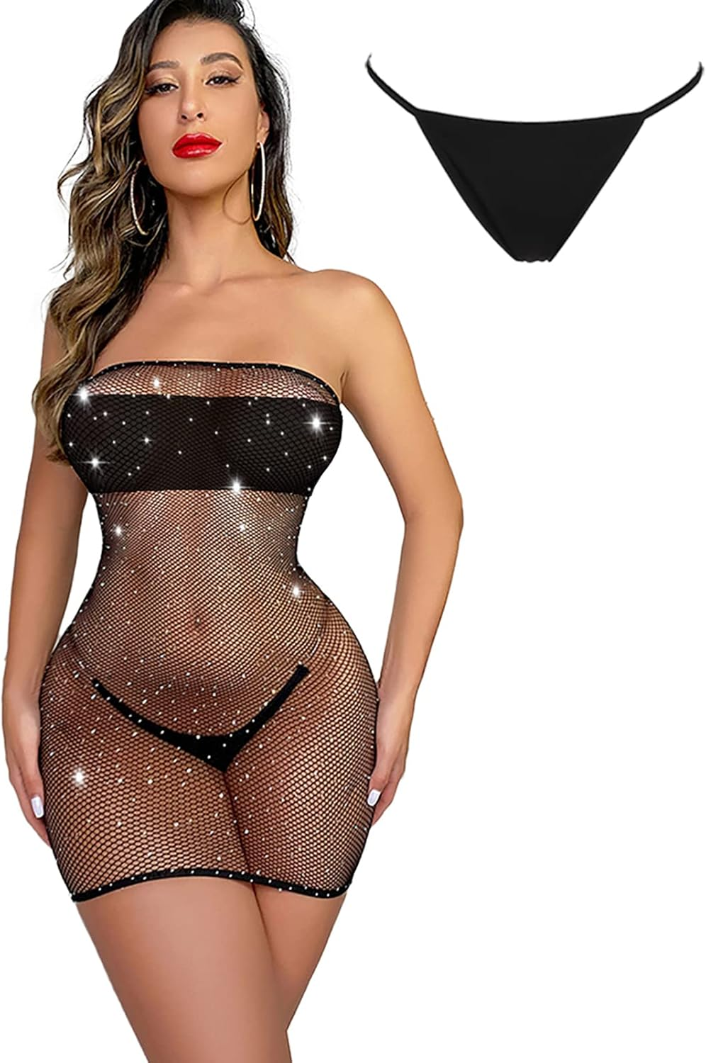 Women'S Sexy Fishnet Bodysuit Rhinestone Mesh Dress Hole Strap Stretch Chemise A