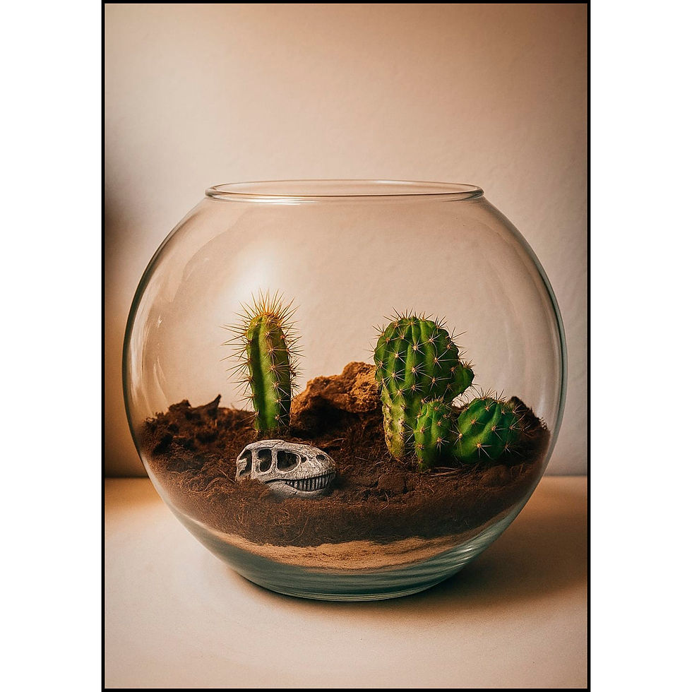 טרריום עגול מזכוכית בסיגנון מידברי עם קקטוסים אבן וגולגולת דינוזאור