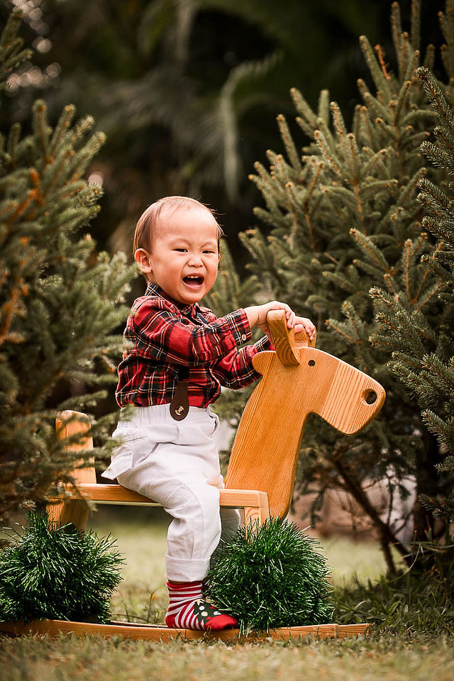 Festive outdoor Christmas family photography session at Play with Picture featuring children and parents decorated with Christmas trees and red poinsettias