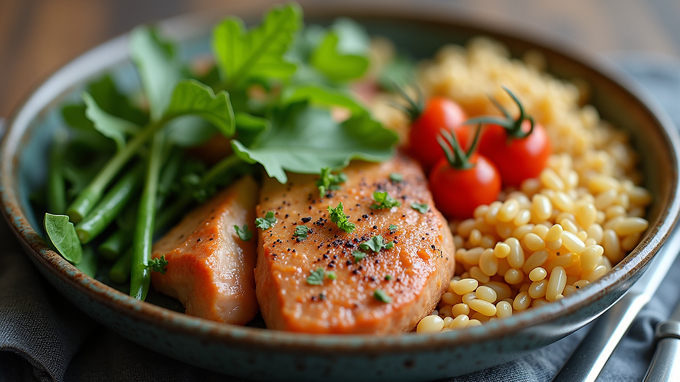 Close-up view of a balanced meal with vegetables, lean protein, and grains