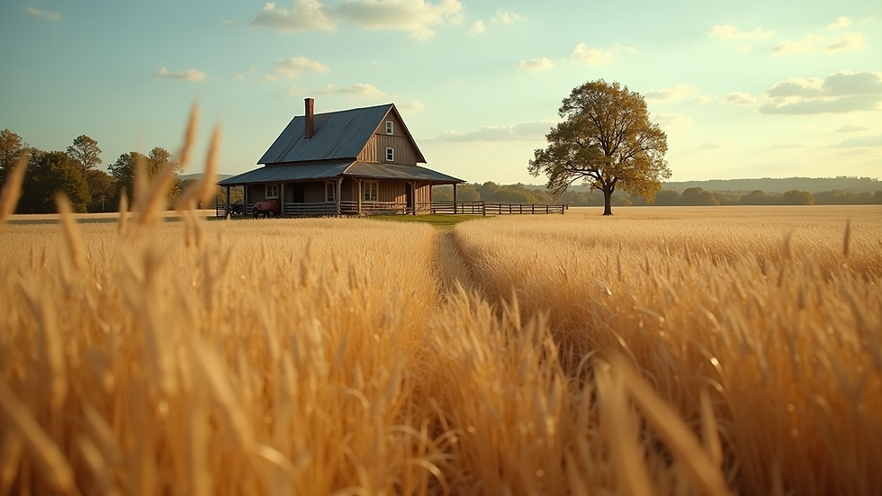 Eye-level view of a rustic farmhouse surrounded by golden fields