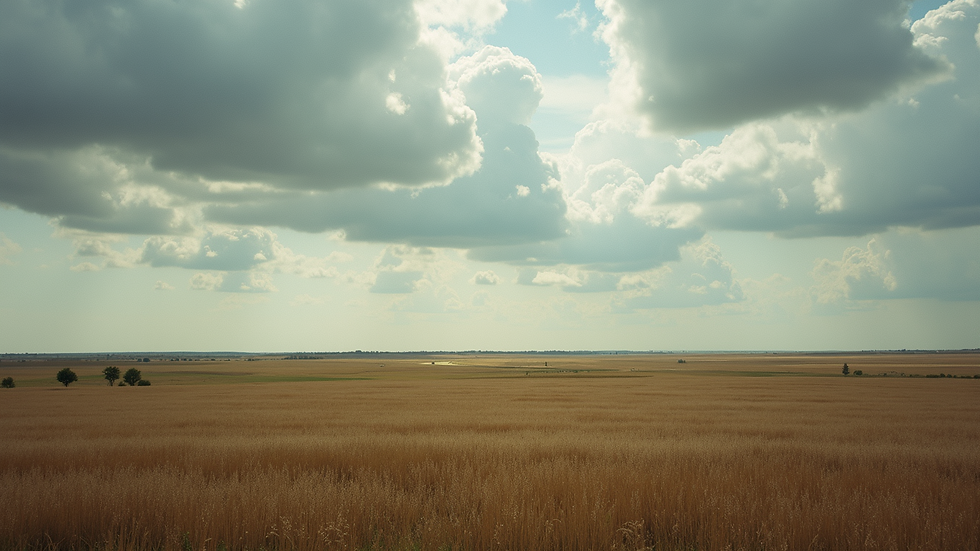 Wide angle view of a vast Midwestern prairie under a dramatic cloudy sky