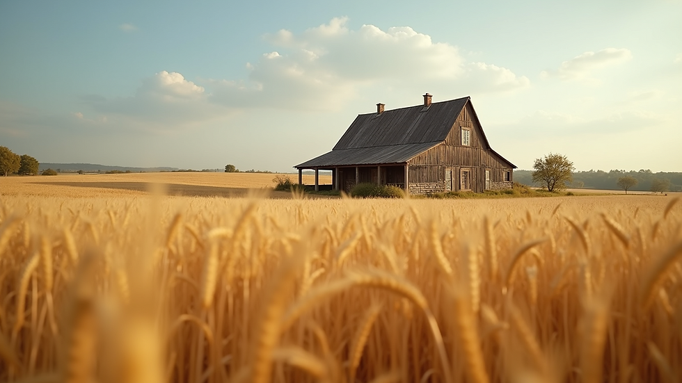 Eye-level view of a rustic farmhouse surrounded by golden wheat fields