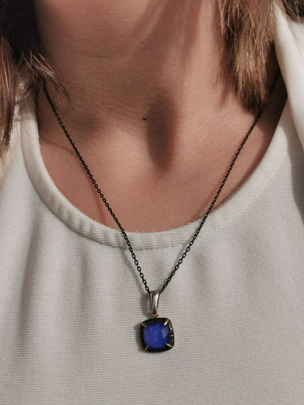 Thumbnail: Elegant Lapis and Quartz doublet with black zircons Necklace