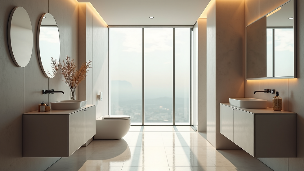 Eye-level view of a modern bathroom with a sleek design and natural light