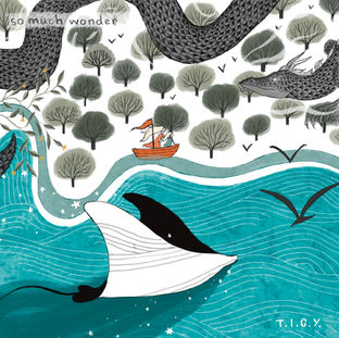 A map for a song, it depicts a woman and a girl sailing down a river, which runs next to a sea. A dragon and a manta ray trailing stars fly across the page. The river links to two other map pieces.