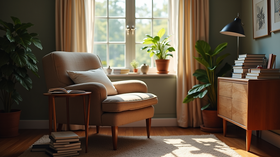 Eye-level view of a cozy reading nook with a comfortable chair and a stack of books