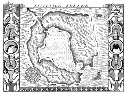 This black and white hand illustrated map depicts a fictional version of Deception Island. It has an intricate border that shows penguins, chess pieces and the cheshire cat