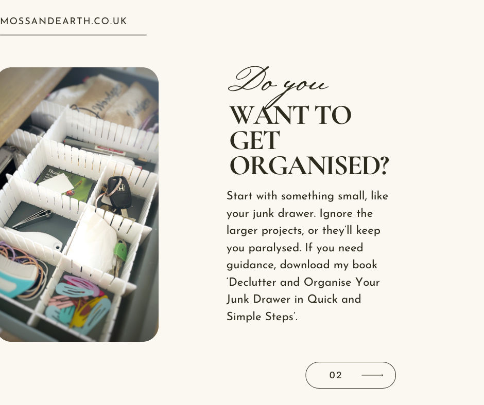 Organized drawer with dividers holds various items. Text: "Do you want to get organised?" and book suggestion. Calm, tidy vibe.