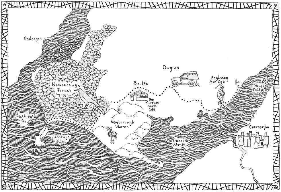A map of Anglesey. It is drawn in black and white and shows the route Julia took across Anglesey. It is hand drawn in fineliner