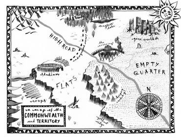 This black and white map depicts a fictional world of The Commonwealth. On the right is the 'empty quarter' with a stadium and to the left and a glass lake at the top