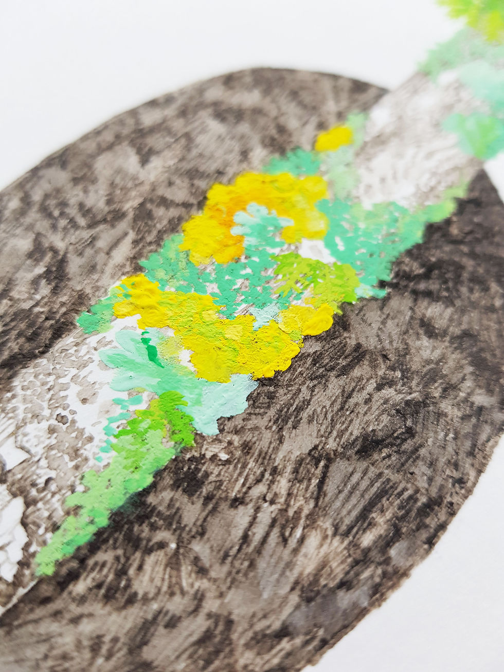 A pen and ink drawing with gouache paint of fungus on a branch by Nicola Howell Hawley