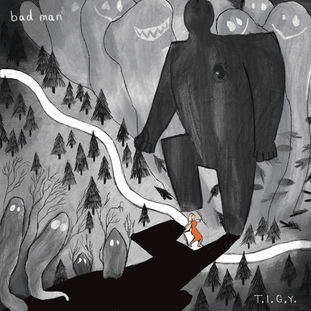 A map for a song, this depicts a woman about to be crushed by a large faceless man figure. In the background are the monsters he leads. A path joins it to two other map pieces