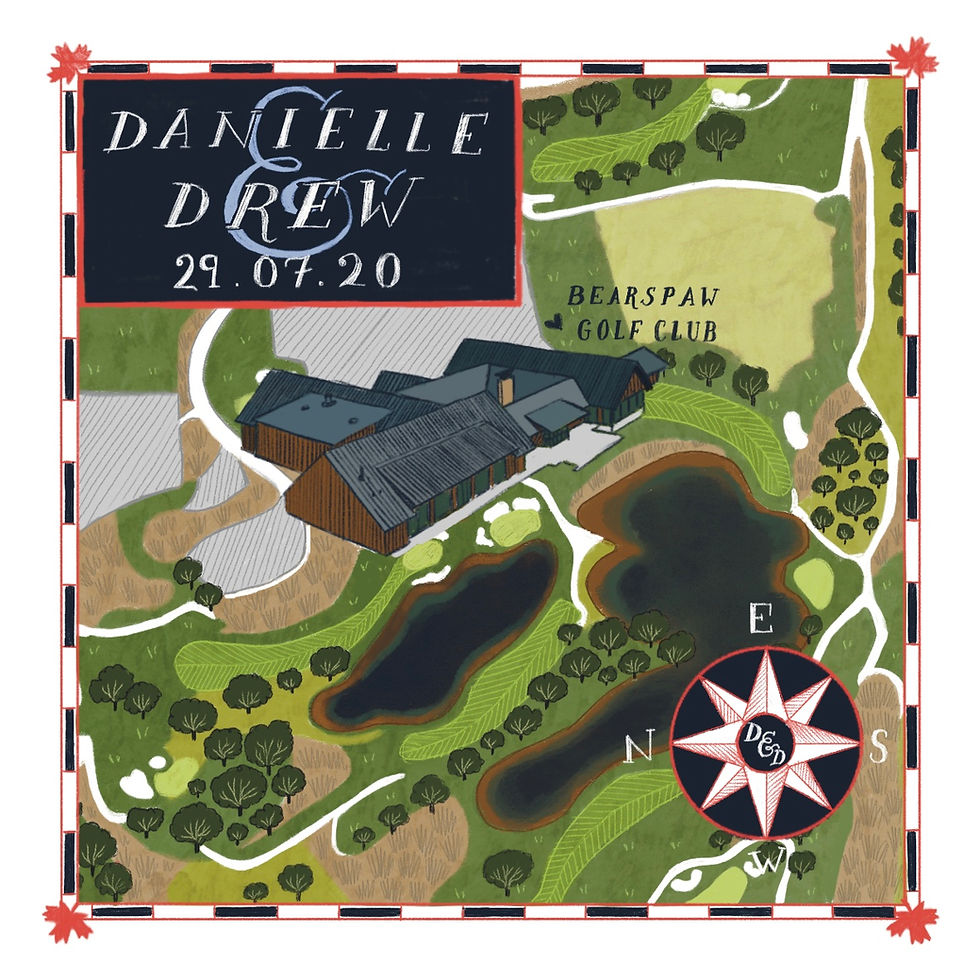 A small square map of Bearspaw Golf Club in Canada, drawn in tones of green, brown and blue-black, with a little bit of red.