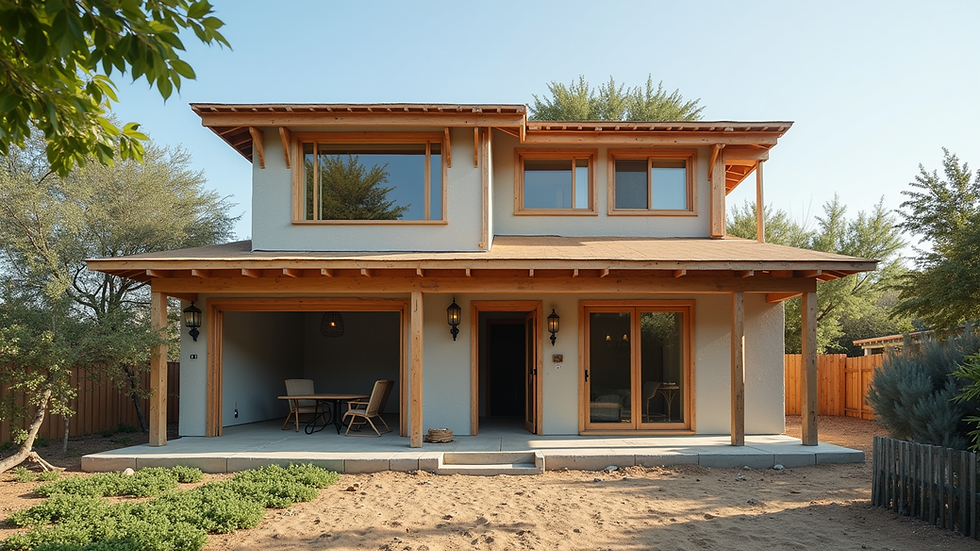 Wide angle view of a home exterior with ongoing renovation work