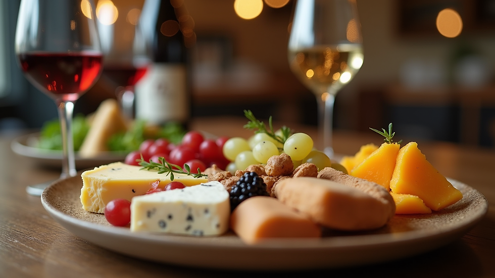 Eye-level view of a beautifully arranged wine and cheese platter