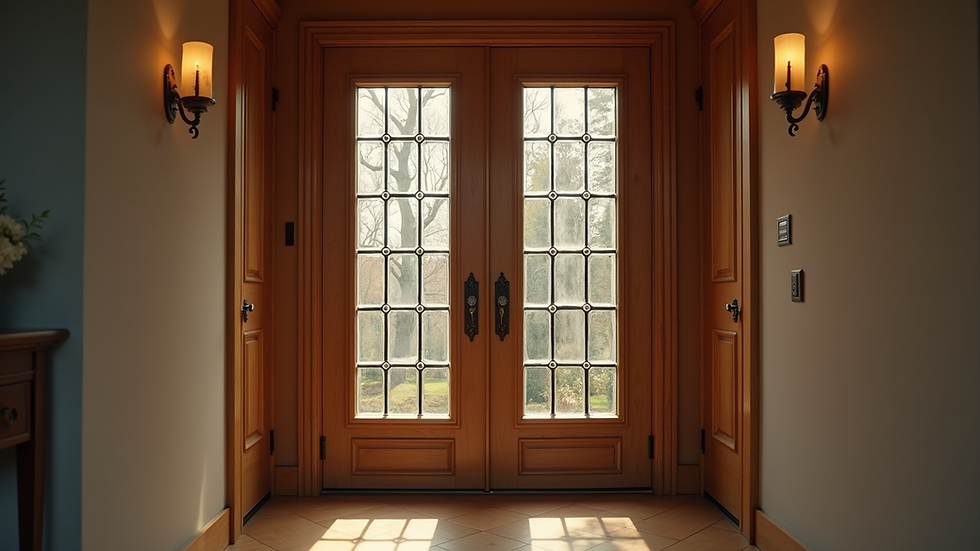 Eye-level view of a wooden specialty door with decorative glass panels