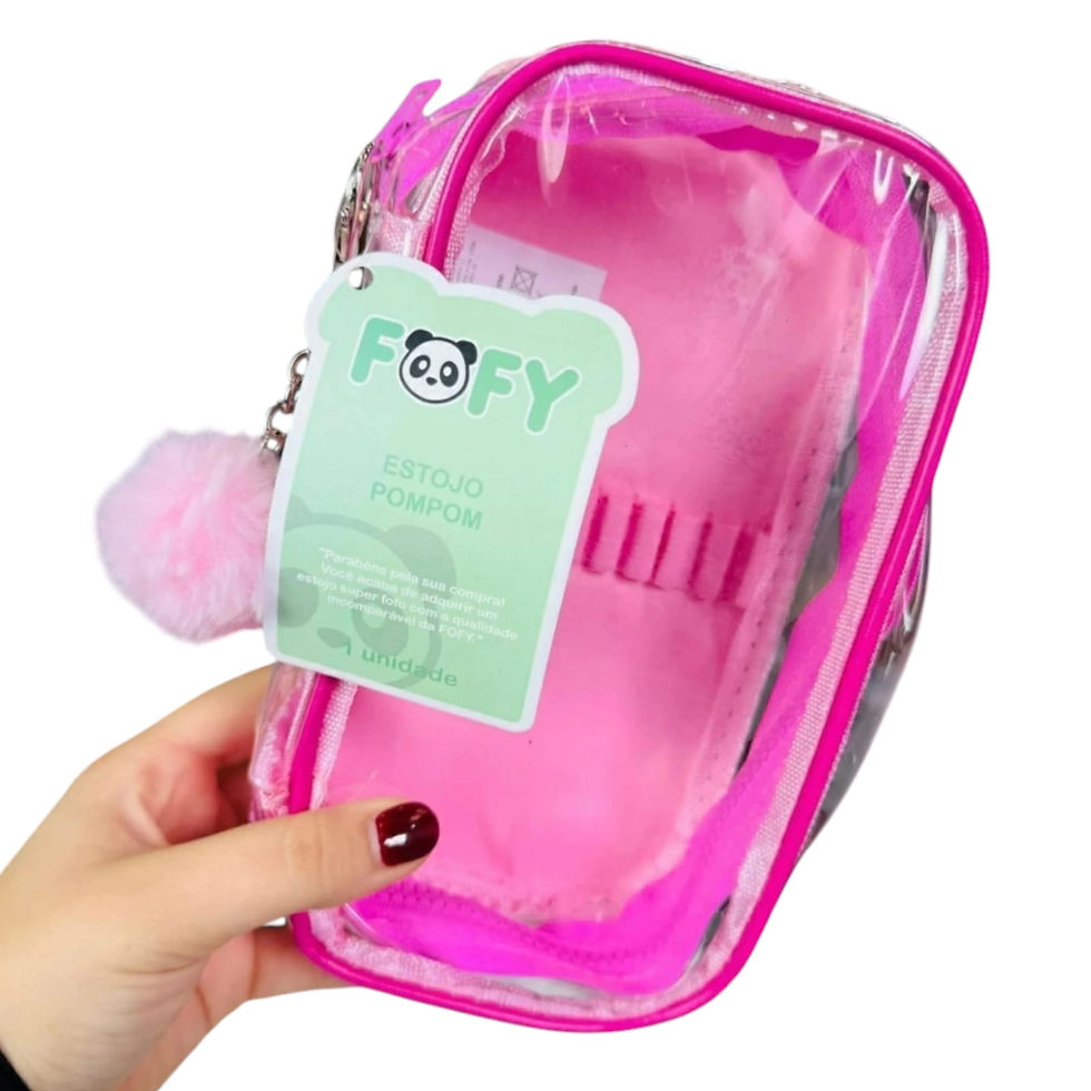 Estojo Escolar Fofy com Pompom Rosa - Transparente e Peluciado