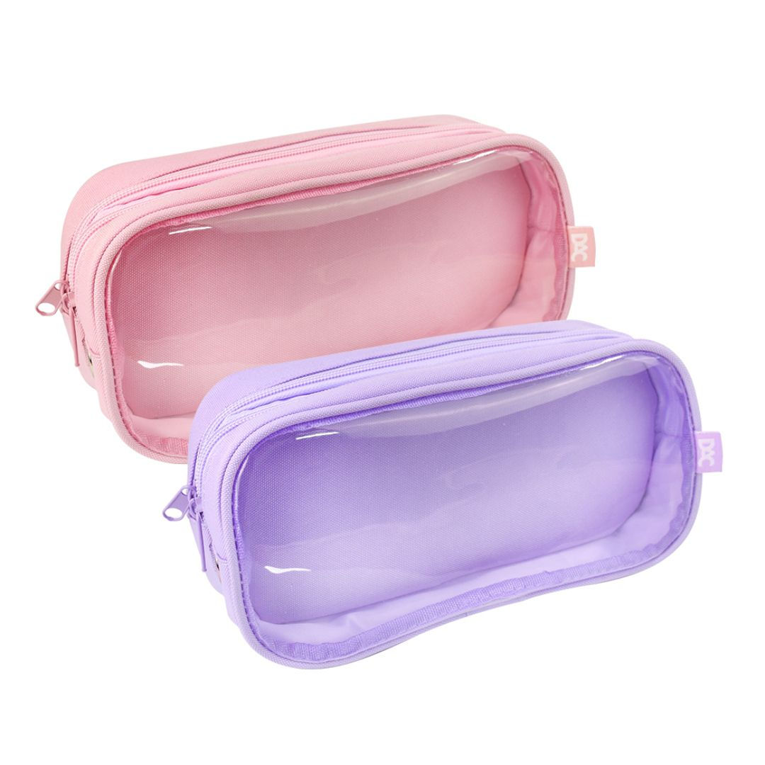 Estojo DAC Cristal Duplo Rosa e Lilás Transparente Escolar Grande com 2