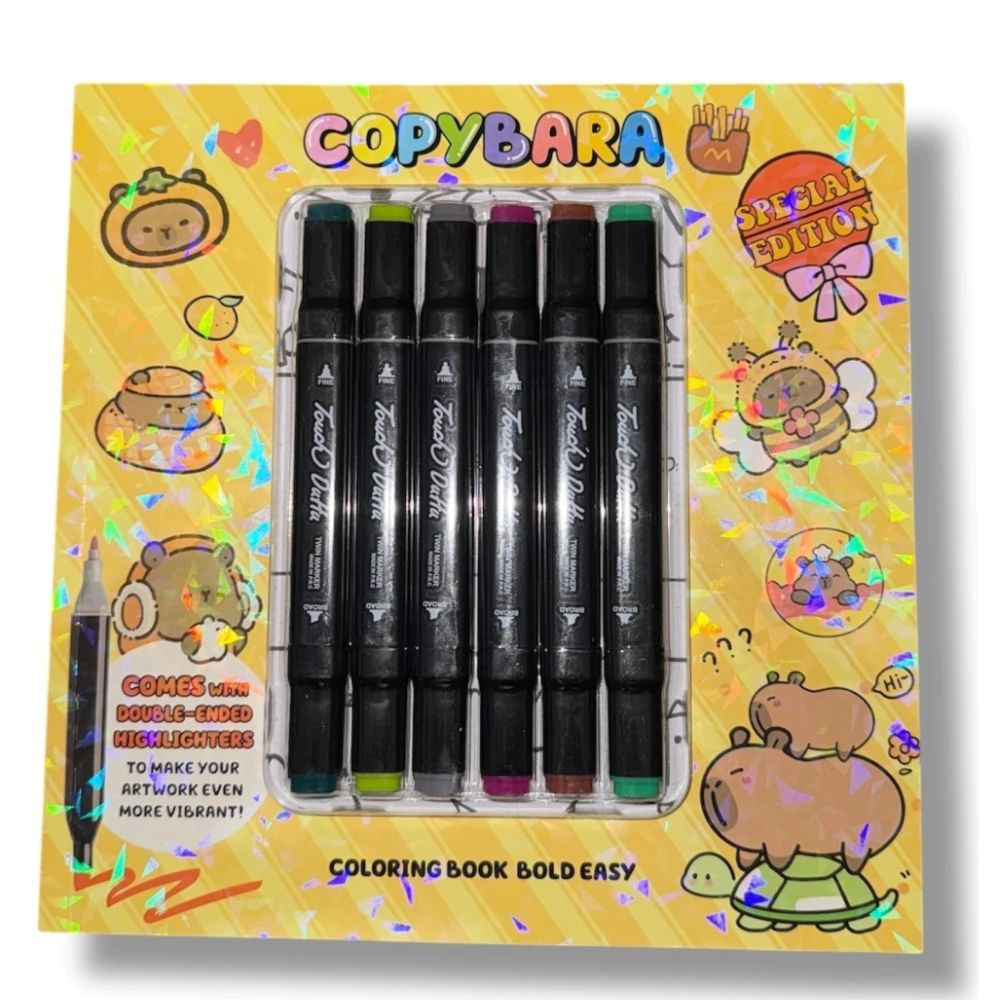 Kit Livro de Colorir Capybara + 6 Marcadores Dupla Ponta - Edição Especial