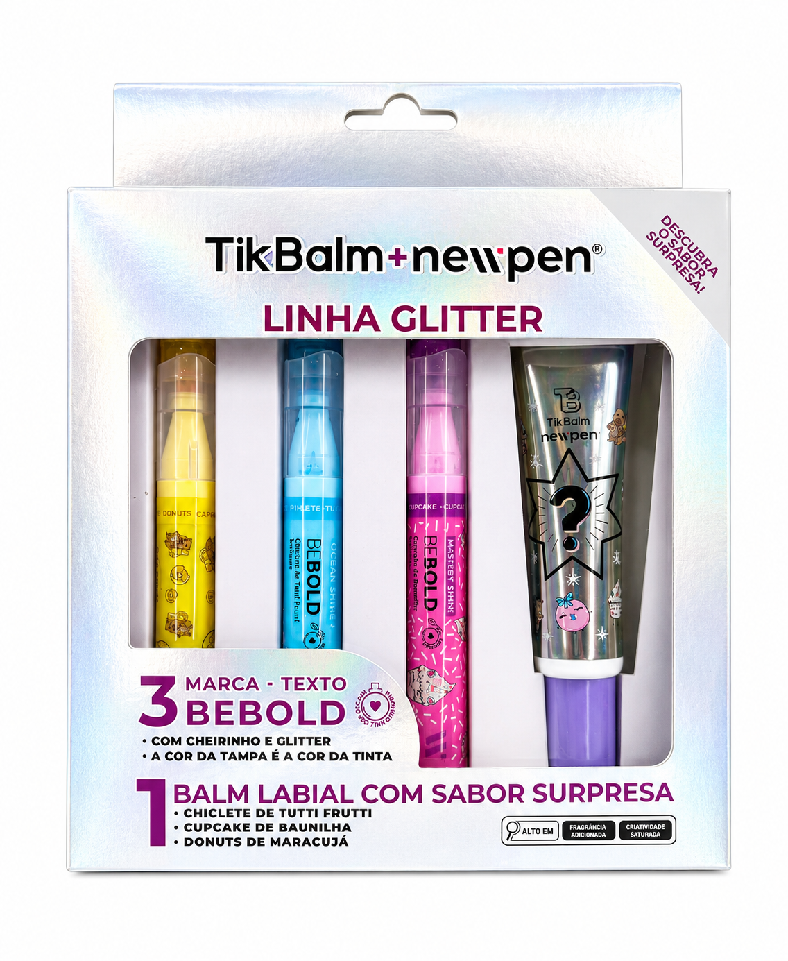 Kit TikBalm + NewPen Linha Glitter ? 3 Marca-Textos + 1 Balm Labial Surpresa