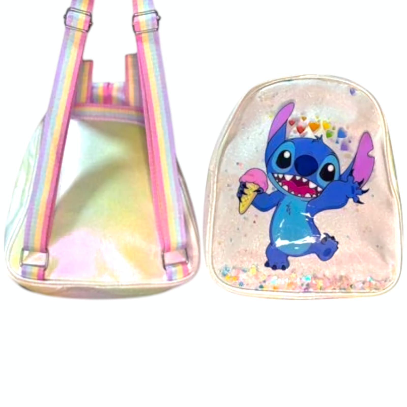 Mochila Infantil Stitch Alça Arco-Íris | Mochilinha Fofa com Brilho para Passeio