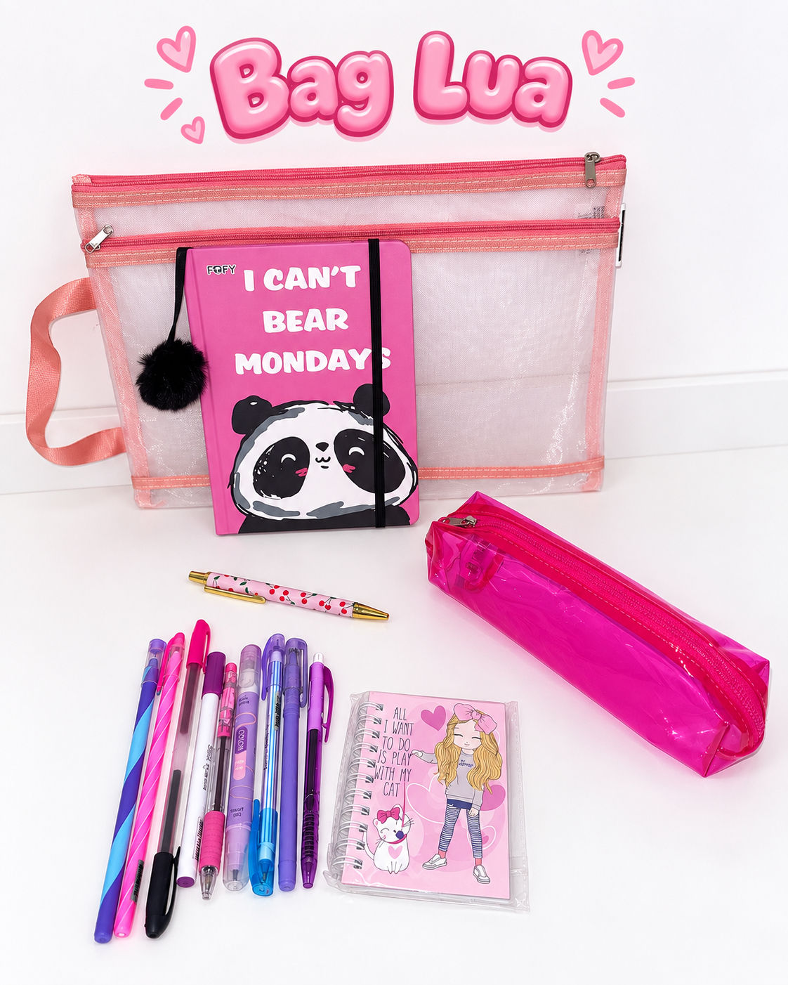 Bag Lua | Kit de Papelaria com Caderno A5 + Estojo + Caneta + 10 Itens