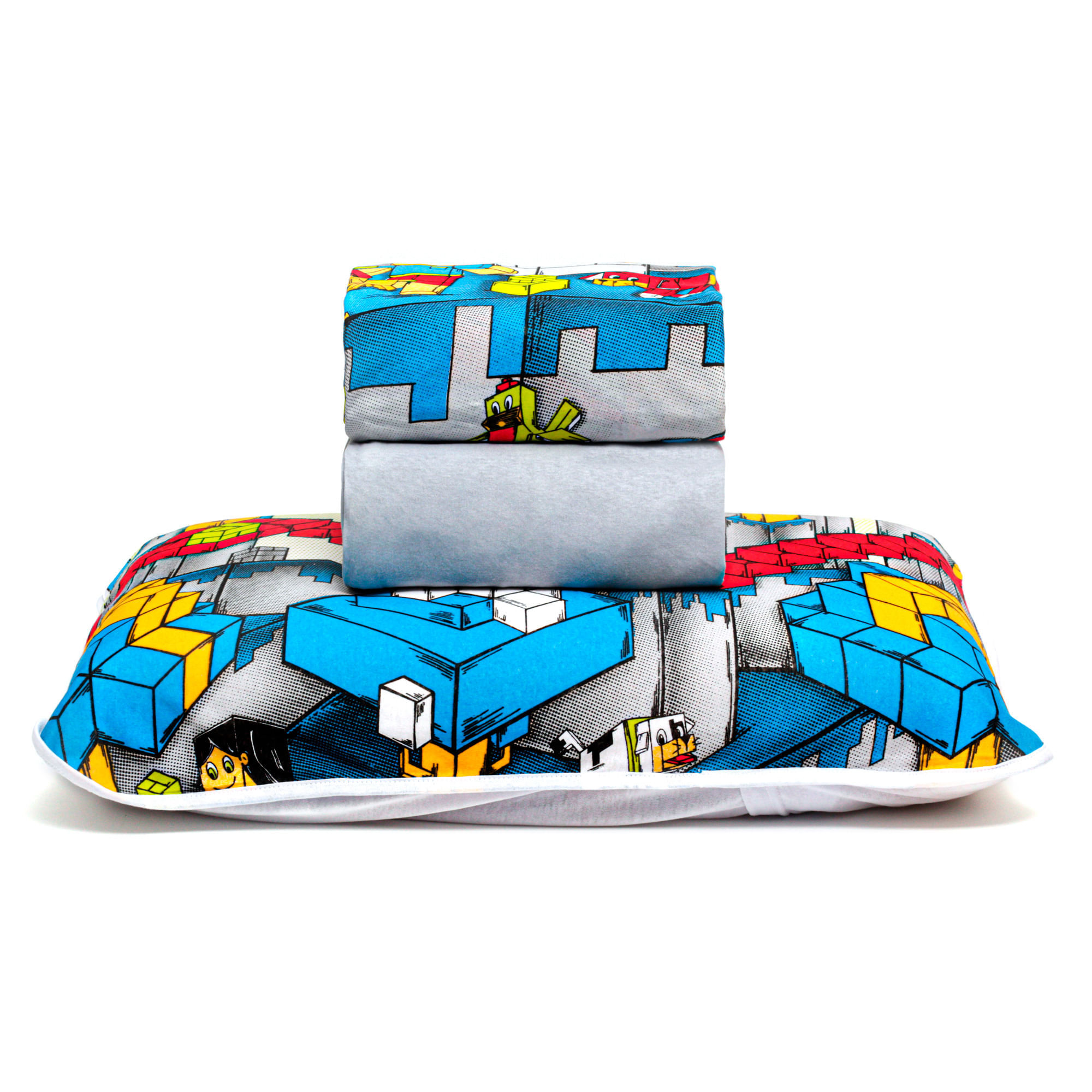 Jogo de Cama Malha Estampado - Blocks Cinza - Solteiro