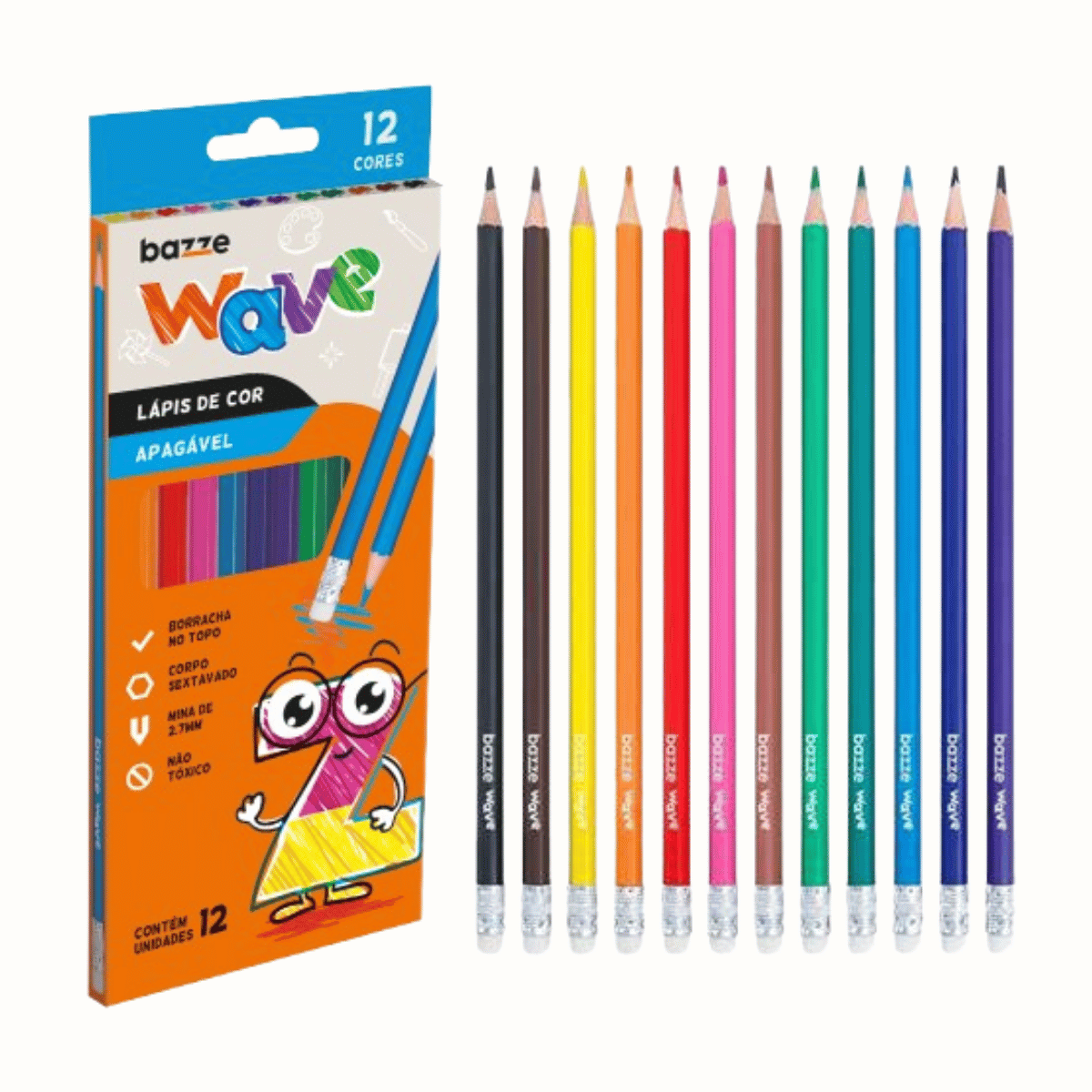 Lápis de Cor Bazze Wave Apagável – 12 Cores