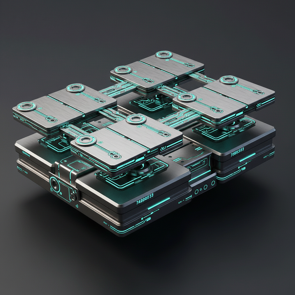 Stacked chrome software modules with cyan circuit lines for custom software and platforms