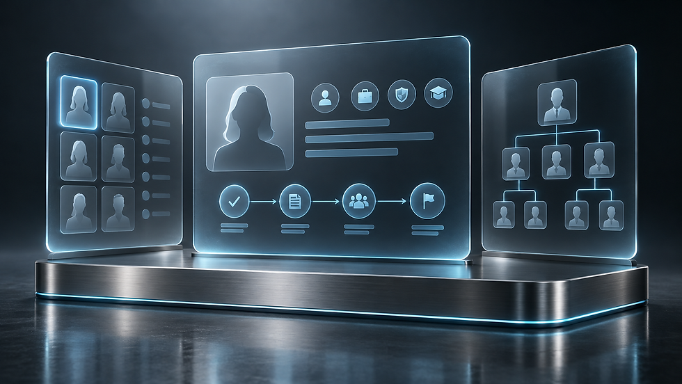 People operations portal concept with glass panels showing employee profiles, onboarding steps and a team chart