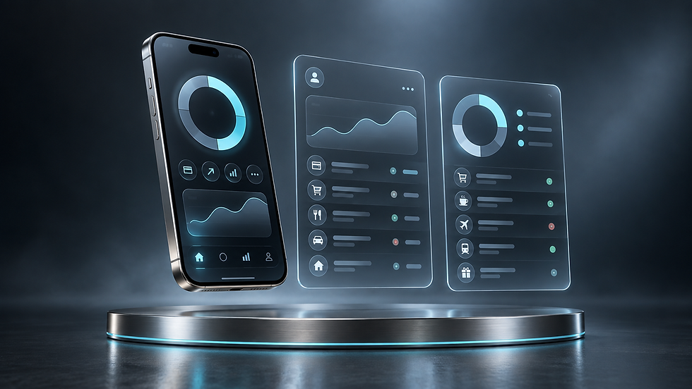 Financial app concept with a smartphone and glass account and transaction screens on a metallic stand
