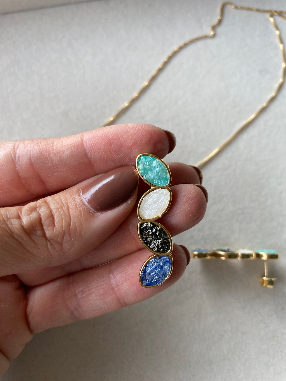 Miniatura: Brinco Viva (cianita/pirita/selenita/amazonita)