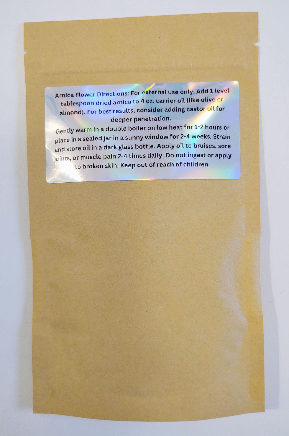 Arnica Flower Cut and Sifted 1/2 oz Package Back of Package with Instructions