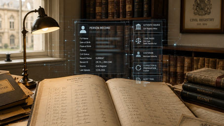 Civil registry archive representing canonical records as the state’s lawful memory for digital public services.