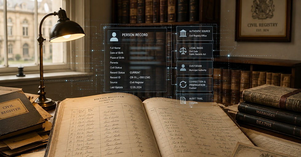 Open civil registry ledger on an archive desk with subtle digital record markers above the page.