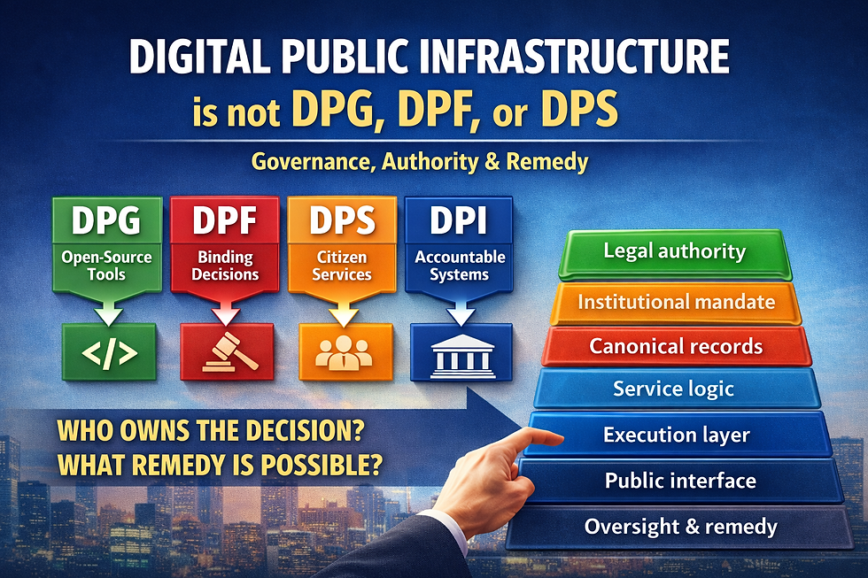 Illustration showing DPI vs DPG vs DPF vs DPS with a seven-layer governance emphasis on lawful authority and remedy