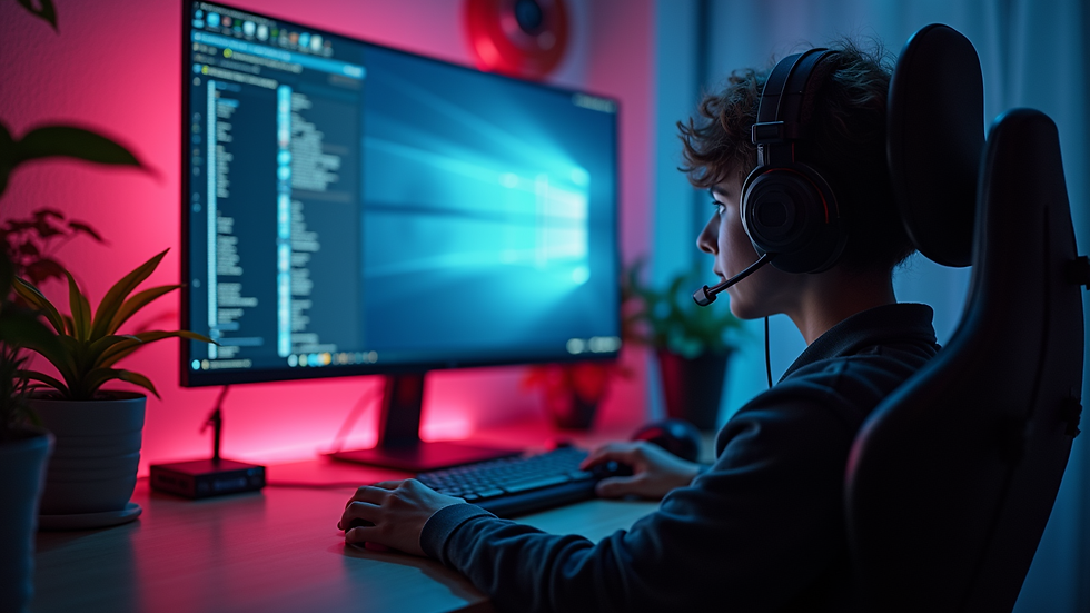 Eye-level view of a cozy Discord server setup with a computer and headphones