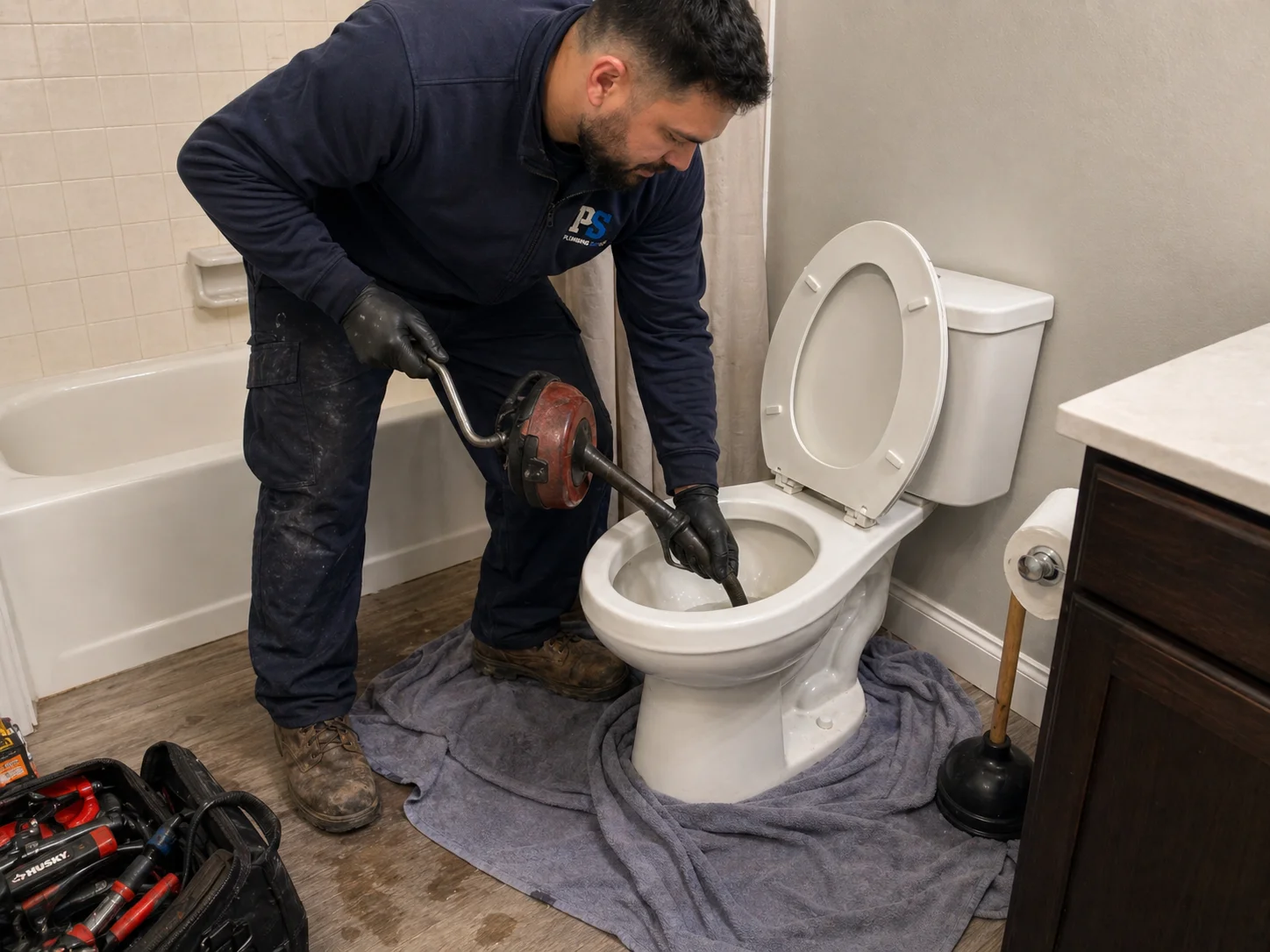 Plombier professionnel en uniforme utilisant un furet de toilette pour déboucher une cuvette blanche dans une salle de bain résidentielle.