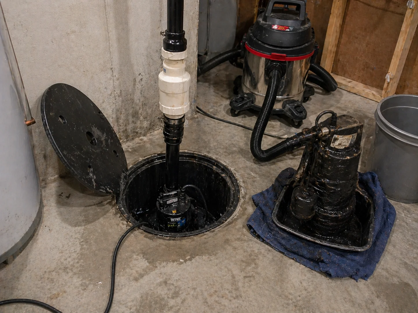 Puisard circulaire dans un sous-sol en béton avec une nouvelle pompe submersible noire et tuyau de refoulement ; ancienne pompe encrassée sur une serviette à côté, couvercle du puisard et aspirateur eau et poussière en arrière-plan.