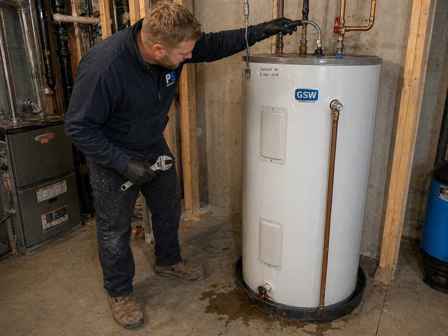 Plombier en uniforme bleu, gants noirs et clé à molette, inspectant le haut d'un chauffe-eau cylindrique blanc dans un sous-sol inachevé.