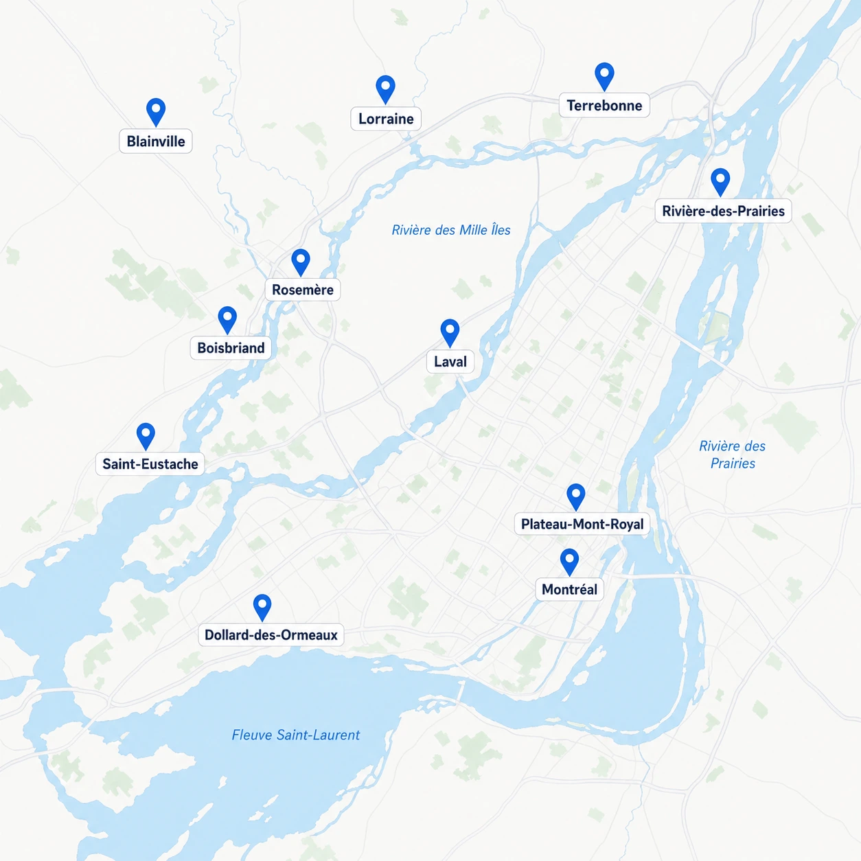 Carte de la grande région de Montréal indiquant les secteurs desservis : Grand Montréal, Dollard-des-Ormeaux, Laval, Saint-Eustache, Blainville, Boisbriand, Rosemère, Lorraine, Rivière-des-Prairies et Terrebonne.