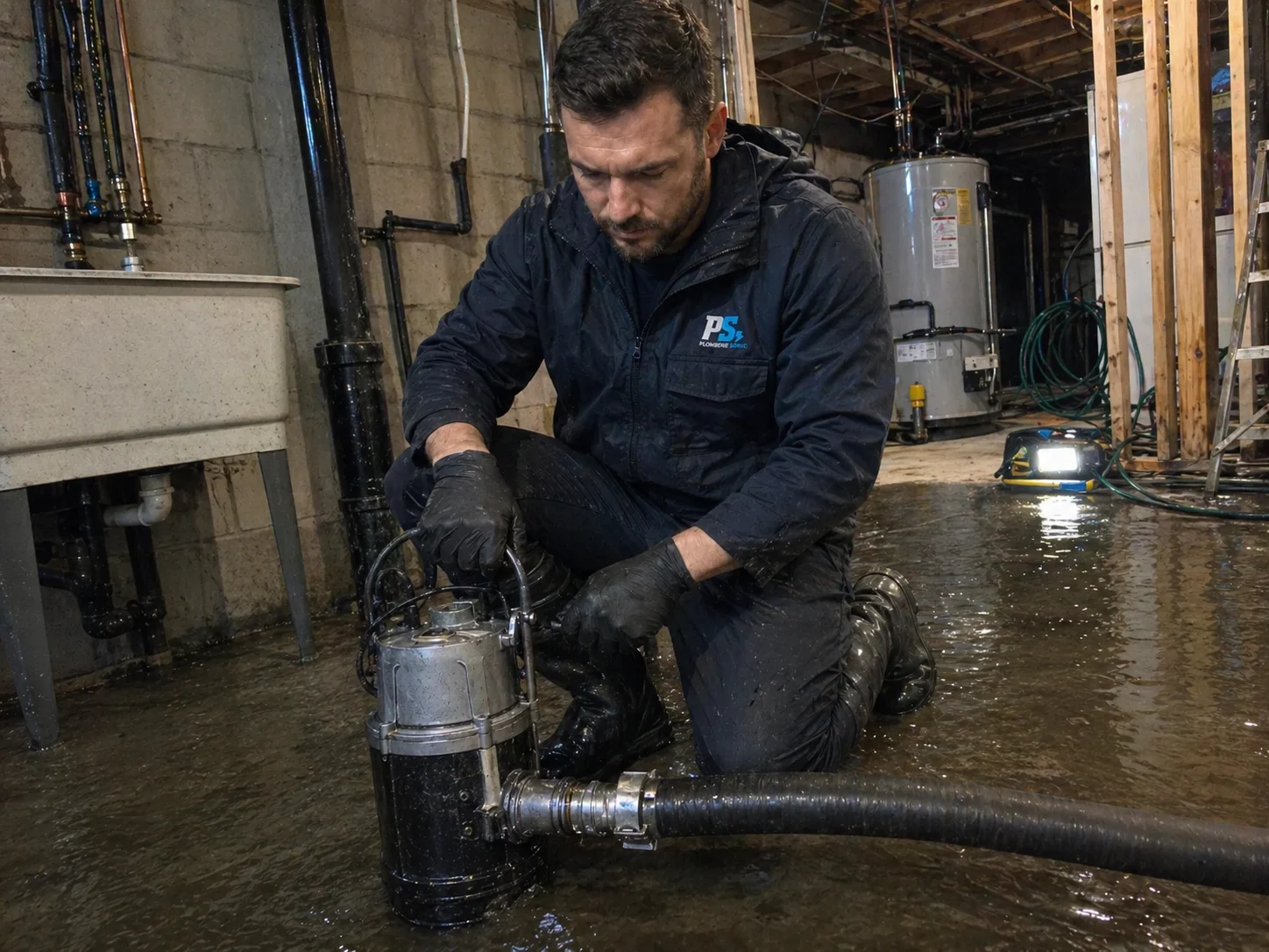 Plombier Plomberie Sonic, à genoux dans un sous-sol inondé, utilise une pompe submersible industrielle pour évacuer l'eau.