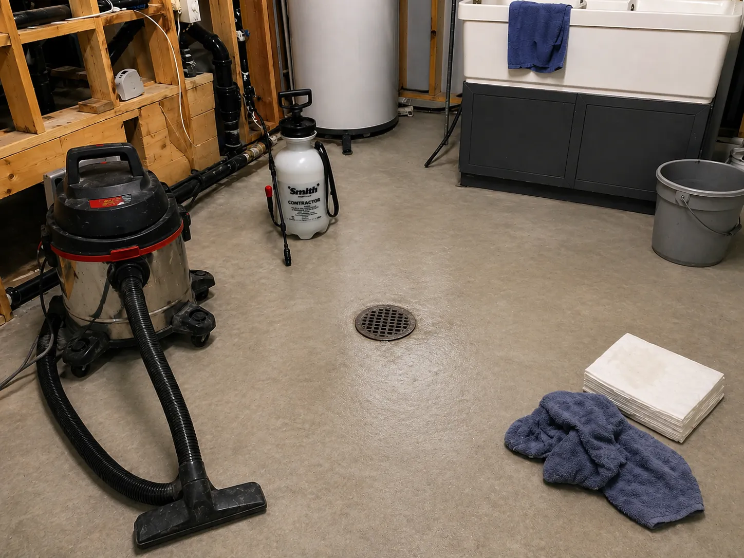 Sous-sol avec drain au sol au centre ; aspirateur eau et poussière, pulvérisateur à pompe, lingettes absorbantes et bassine près d'un évier utilitaire, matériel de nettoyage après refoulement.
