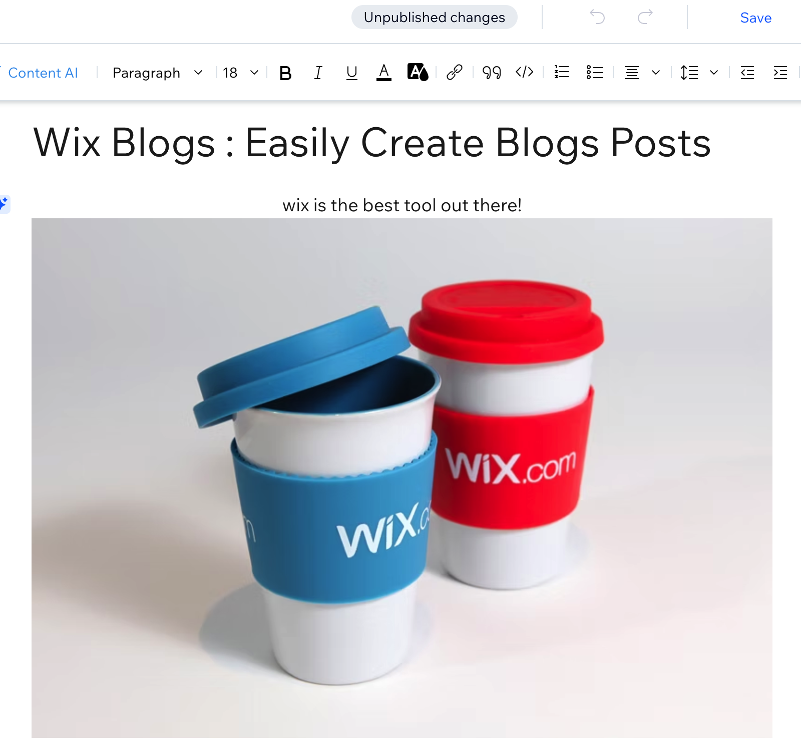 Interface de rédaction Wix Blog — éditeur riche, publication mobile et planification des articles