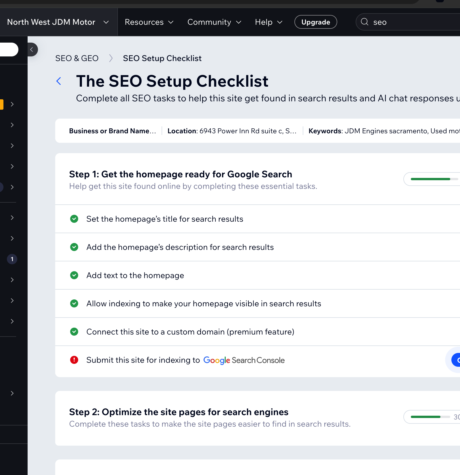 Checklist des optimisations SEO du tableau de bord Wix : éléments à optimiser pour le référencement (titres, méta-descriptions, mots-clés, structure).