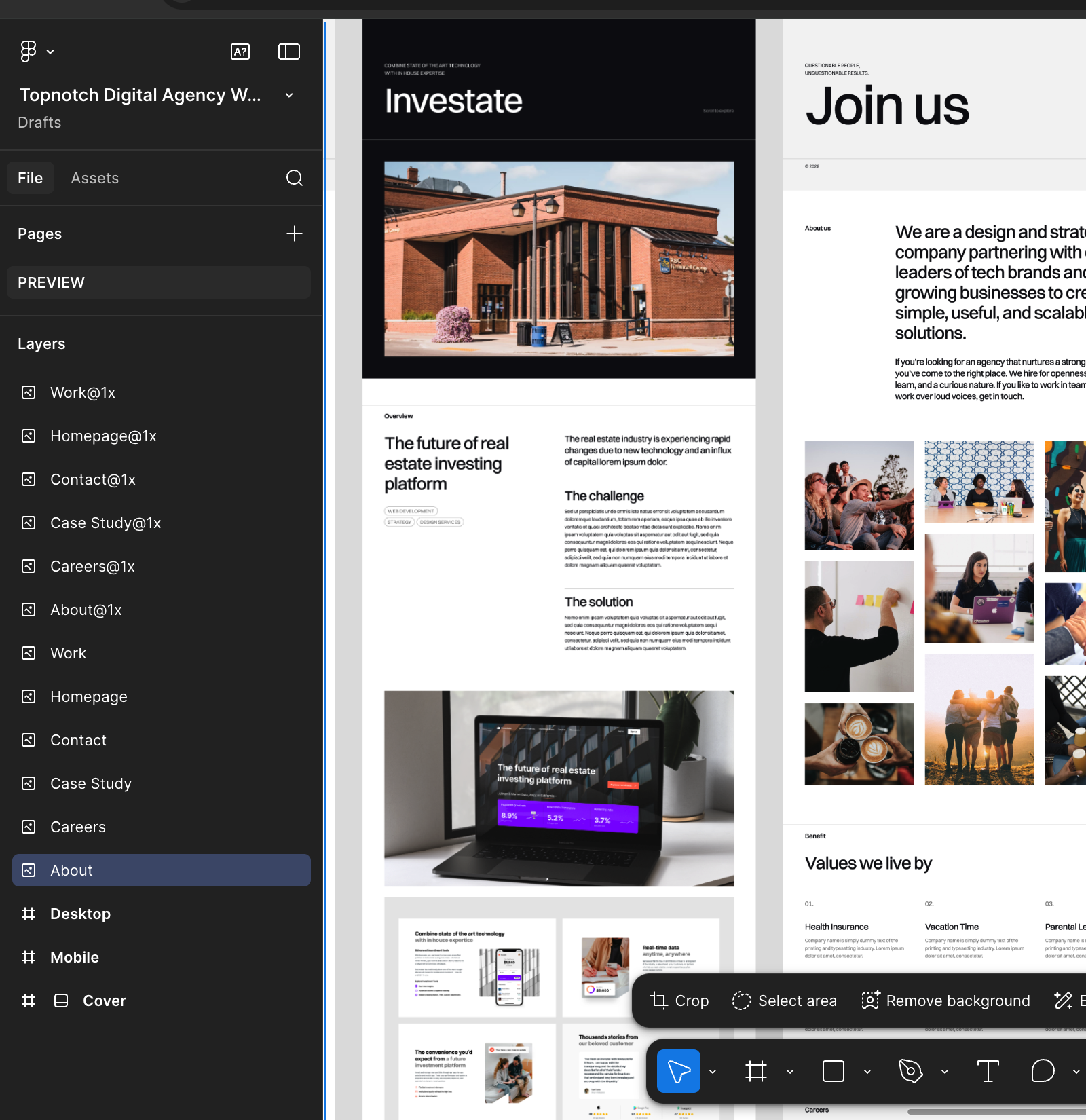 Interface utilisateur de Figma : espace de travail de conception pour l'intégration de maquettes vers Wix Studio.