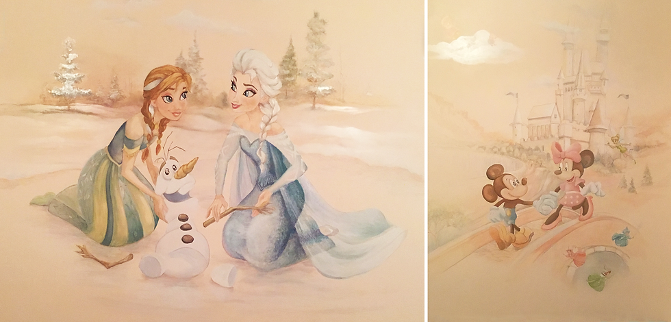 Wall murals of Disney's Frozen characters, Mickey Mouse and Minnie Mouse